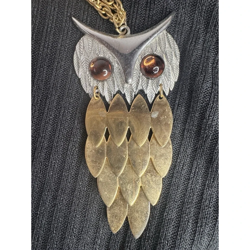 Vintage Two Tone Owl Necklace‎ On Gold Tone Chain